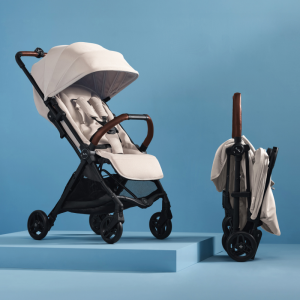 Jet 5 Stroller Almond with Folded Stroller Next to It