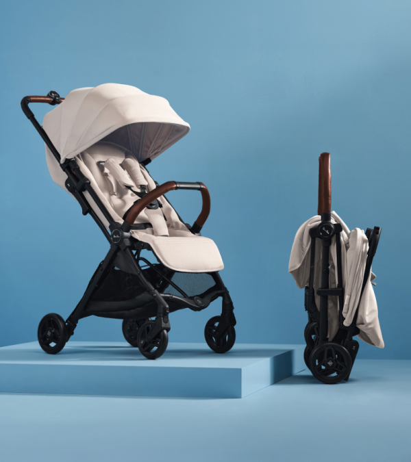 Jet 5 Stroller Almond with Folded Stroller Next to It